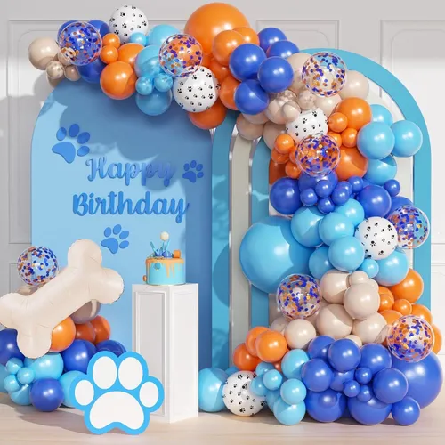 Premade Ready to Hang Grab and Go Balloon Garland Only- Blue Orange Nude White Dog Bone Paw Print Balloons