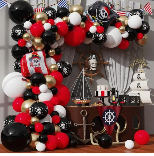 Premade Ready To Use Grab and Go Balloon Garland Only-    Red Black Pirates White Gold 