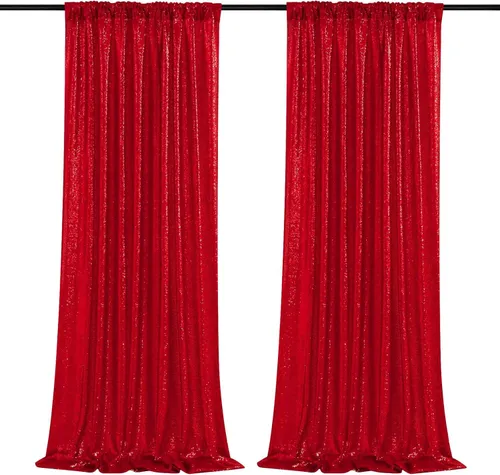 Rent 2Panel (2x8ft) Wedding Birthday Party Photo Backdrop Drapes - Shimmering Red 