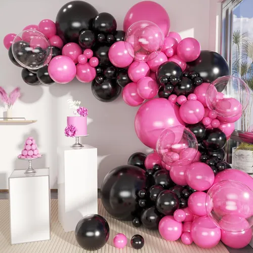 Premade Ready to Hang Grab and Go Balloon Garland Only Black-hot Pink clear