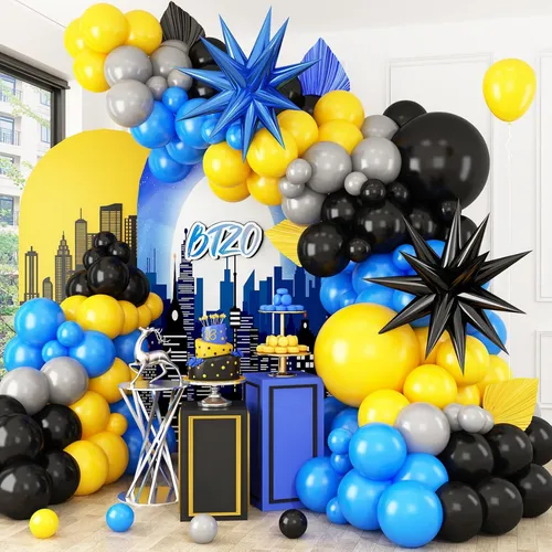 Blue Yellow Grey Black  Premade Grab and Go Balloon Garland – Ready-To-Use Balloon Decor for Atlanta Events, Birthdays, Baby Showers & Weddings