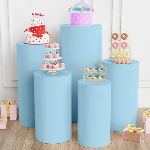 Cylinder Backdrop Dessert Stand Tables - with  Light blue Covers 