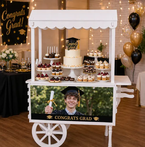 Graduation Photo Themed Whimsical Party and Event Dessert Candy Vintage Cart Rental