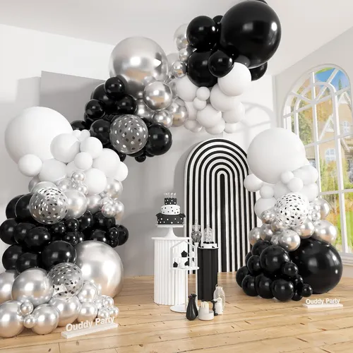 Black Silver White Confetti  Premade Grab and Go Balloon Garland – Ready-To-Use Balloon Decor for Atlanta Events, Birthdays, Baby Showers & Weddings