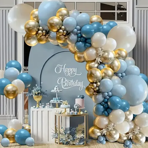 Fog Blue Royal Blue Pastel Blue Sand White Metallic Gold Premade Grab and Go Balloon Garland – Ready-To-Use Balloon Decor for Atlanta Events, Birthdays, Baby Showers & Weddings
