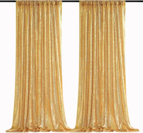 Rent 2Panel (2x8ft) Wedding Birthday Party Photo Backdrop Drapes - Shimmering Gold 