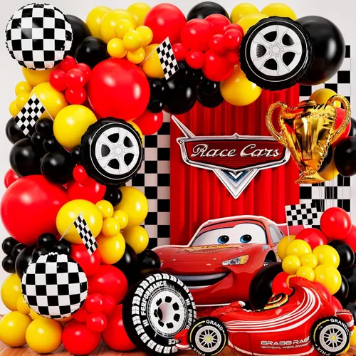 Grab and Go Balloon Garland Only - Red Yellow Black Wheels and Checkered Mylar