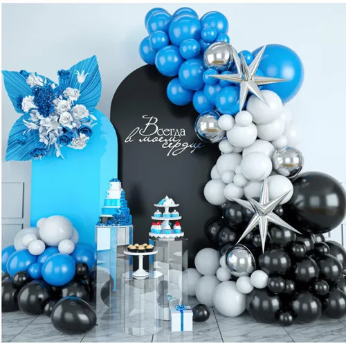 Grab and Go Balloon Garland Only - Black Grey Cyan Blue and Hints of Silver 