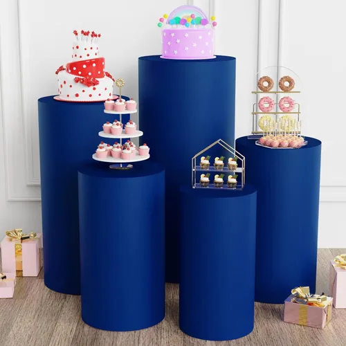 Cylinder Backdrop Dessert Stand Tables - with Navy Covers