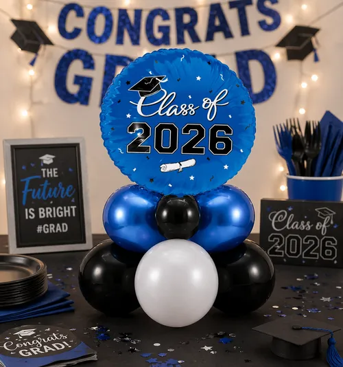 Blue/Black/White Grab and Go Simple Columnless Graduation Balloon Centerpiece with Balloon Weights