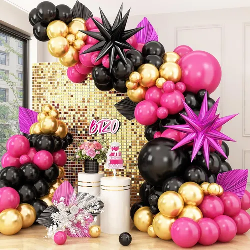 Black Gold Fuschia  Premade Grab and Go Balloon Garland – Ready-To-Use Balloon Decor for Atlanta Events, Birthdays, Baby Showers & Weddings