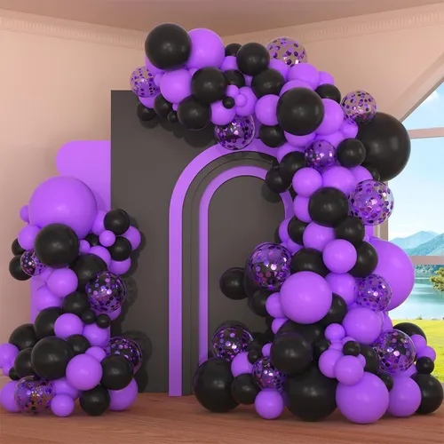 Black Purple Confetti Premade Grab and Go Balloon Garland – Ready-To-Use Balloon Decor for Atlanta Events, Birthdays, Baby Showers & Weddings