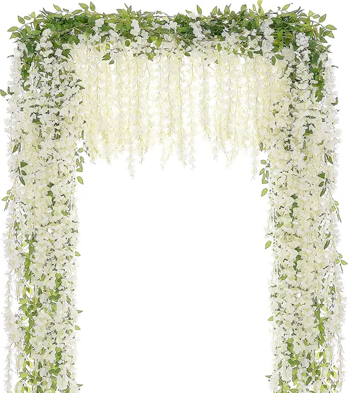 Artificial Wisteria Vine Silk Hanging Flower for Home Garden Outdoor Ceremony Wedding Arch Floral Decor (Ivory)