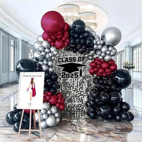  Burgundy Black Silver Premade Grab and Go Balloon Garland – Ready-To-Use Balloon Decor for Atlanta Events, Birthdays, Baby Showers & Weddings