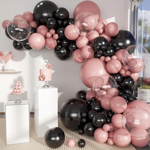Premade Ready to Hang Grab and Go Balloon Garland Only - Black-dusty Pink clear