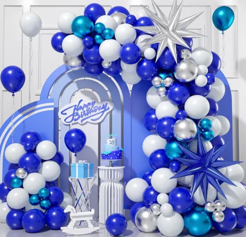 Grab and Go Balloon Garland Only -  Blue White Silver with Silver Stars Blue Stars and Metallic Cyan