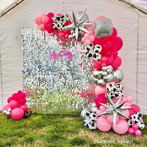Rent The Look- Silver Shimmer Wall Pink Let's Party Sign & CowGirl Balloon Garland with Disco Ball and Stars 