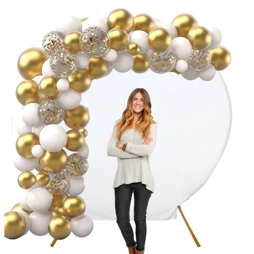 Party Rental Balloon Arch Styling with Round Arch Backdrop (White & Gold) - 3Day Rental White and Gold 