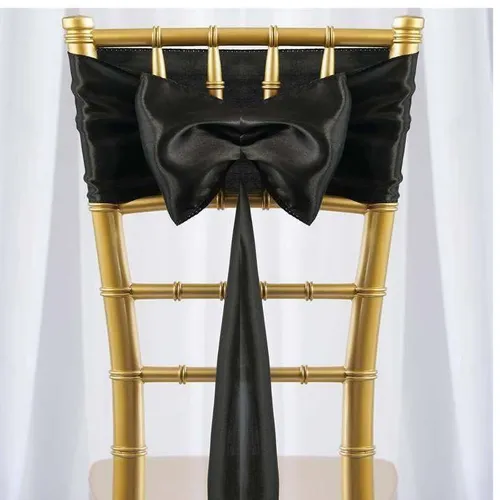 Black Satin Chair Sash Rental for Gold Chiavari Chairs