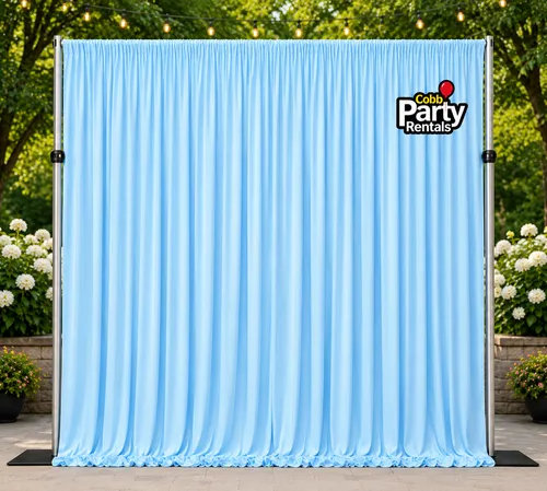 Light Blue 6-Panel Drapes with Heavy-Duty 10x10 Frame Rental | Marietta & Atlanta GA  (Availability Verification Required Before Ordering)