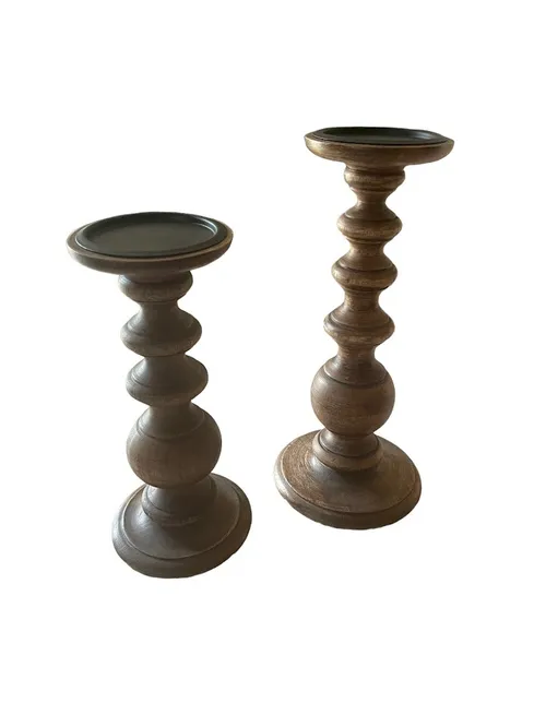 Brown Wooden Candle Sticks- Set of Two