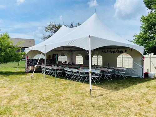 Package Deal - 20' x 30' High Peak Frame Tent, 8 8ft Tables, and 64 chairs