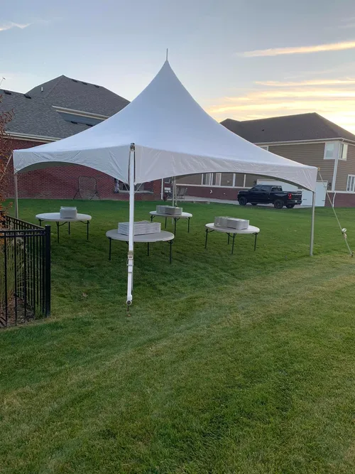 Package Deal - 20' x 20' High Peak Frame Tent, 4 5ft Round Tables and 32 Chairs