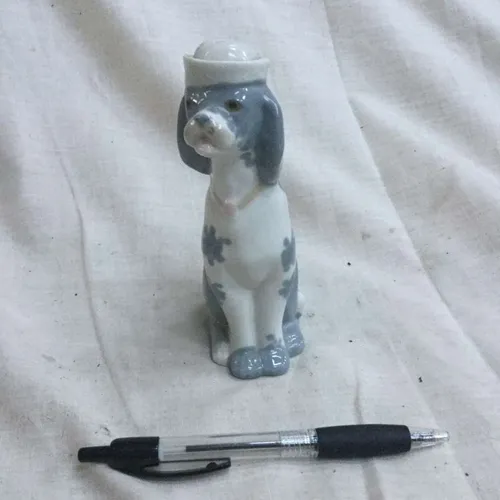 Small Pale Blue and White China Dog in Sailor Hat Ornament