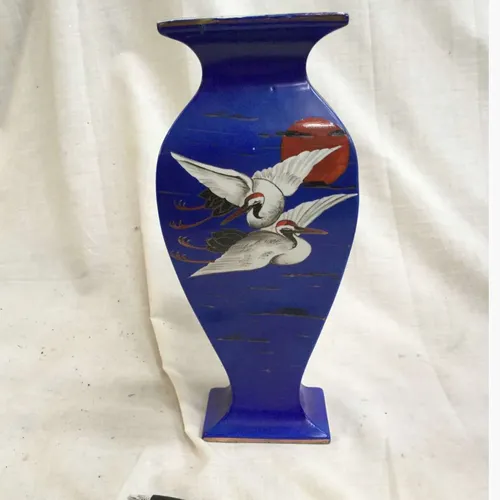 Royal blue vase with square base and crane birds