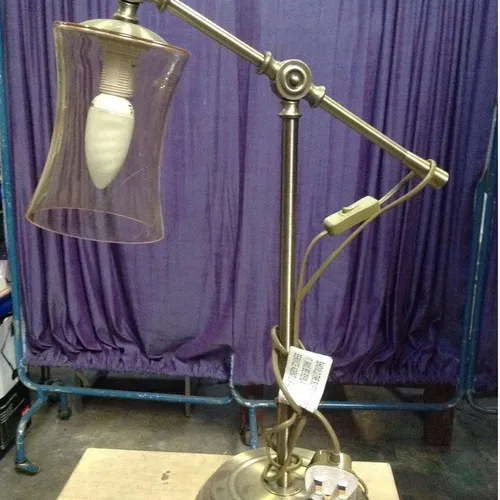 brass anglepoise / articulated table lamp with glass shade