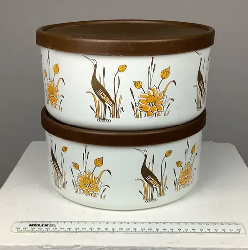 White Brown Bird and Floral Patterned Tupperware (2 Available)