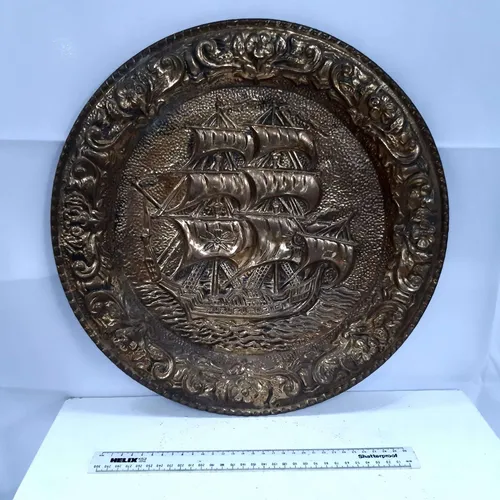 Large brass decorative hanging plate with ship design (42cm)