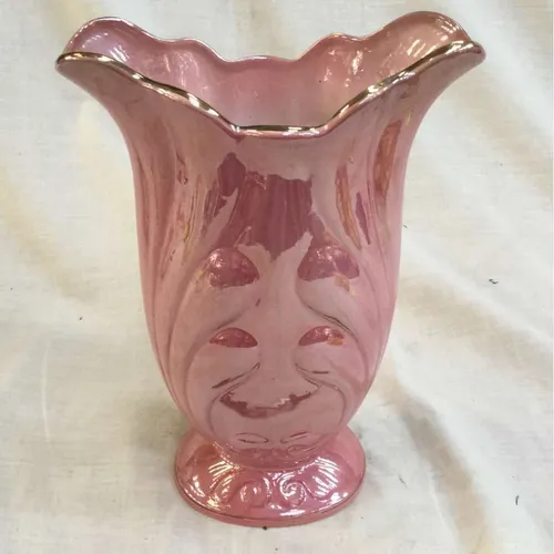 Pale pink glazed vase with gold trim 