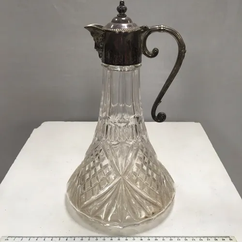 Cut glass, jug decanter with metal spout, handle