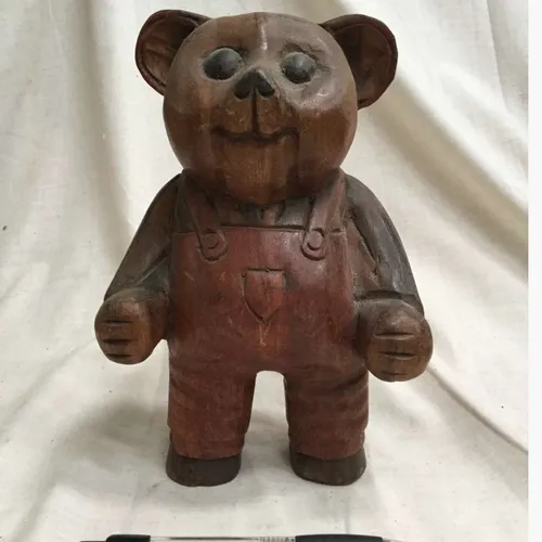 Wood Teddy Bear in Overalls 