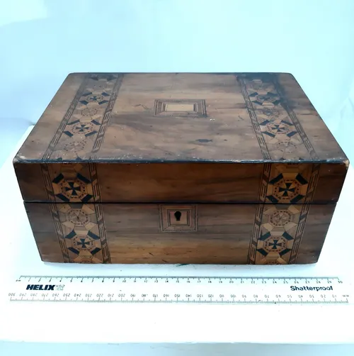 Wood Box with Pattern Decoration and red cushion interior