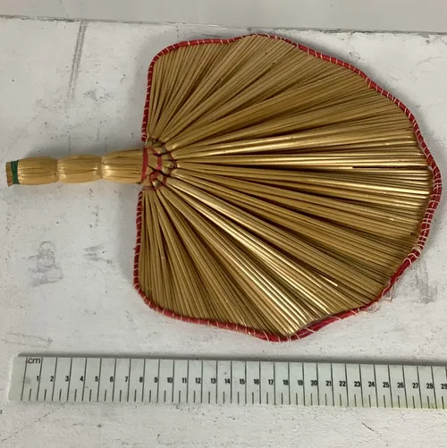 Rattan Handheld Fan with Red Trim Border