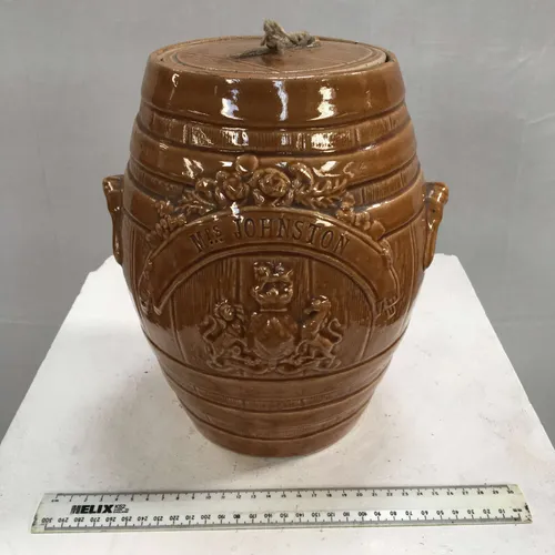 Period Brown Ceramic Glazed Barrel Jar with Rope Handle Lid
