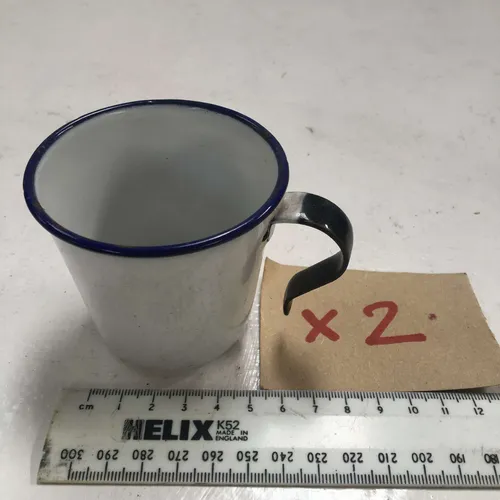 Period White with Blue Trim V Shape Enamel Mug Cup