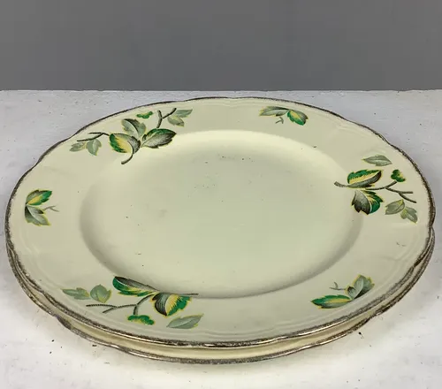 Cream and Green Leaf Patterned Ceramic Plate with Gold Edge