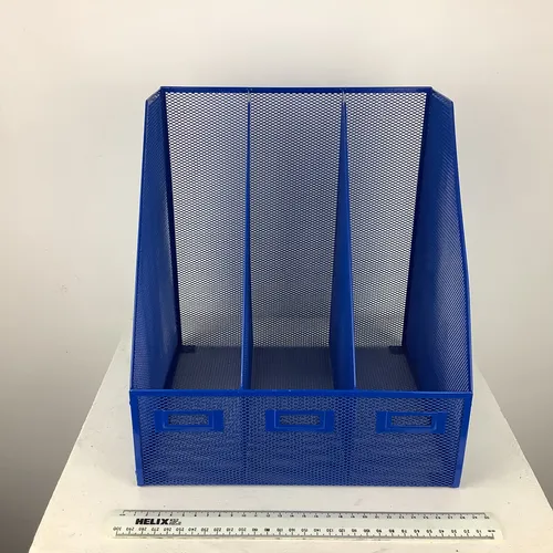 Three section blue wire mesh file organiser