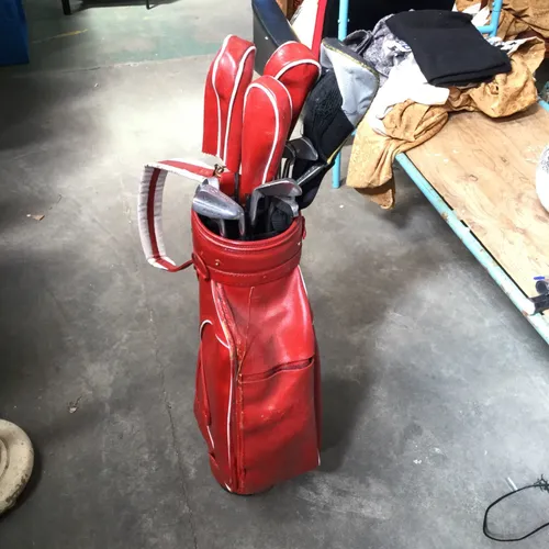 Red Leather Golf Club Bag and Clubs