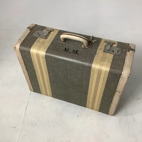 Period Grey Suitcase with White Edge and Coloured Stripe. M.M. Initials