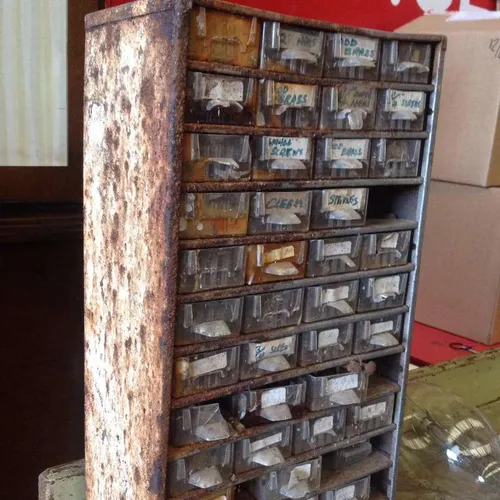 Rustic aged tool shed bench top organiser drawer unit