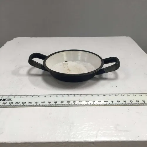 Period Small Blue with Black Rim Enamel Handled Pan