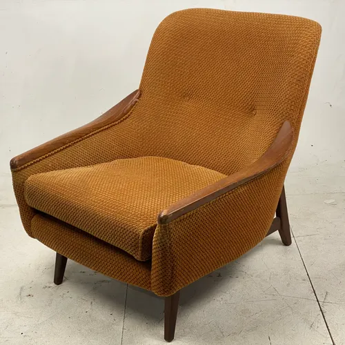 Period Brown / Gold Fabric Arm Chair with Wood Arms