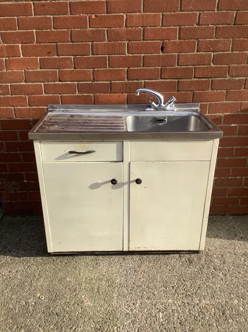 Period White Kitchen Cupboard / Stainless Steel Sink Unit 