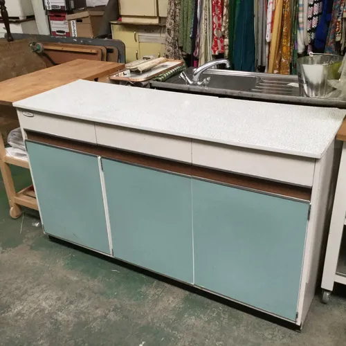 1970s white and pale blue kitchen side unit
