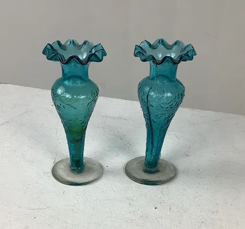 Pair of small blue glass vase ornaments 