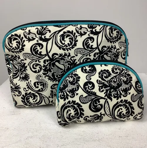 Black and White Paisley Print Toiletry Bag with Blue Trim